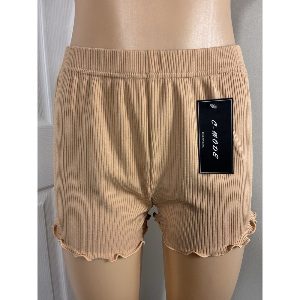 New Womens Shorts Sz L Stretch Ribbed Tan Ruffle Hem Casual Elastic Waist